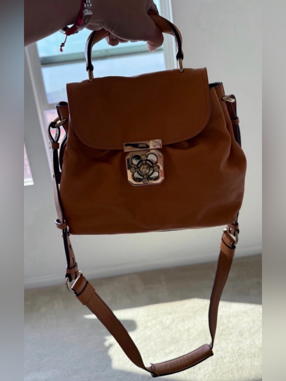 Chloé Tan Leather Top-Handle Shoulder Bag with Floral Turn-Lock